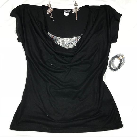 VENUS Tops - Venus Black Top with Silver Sequin Underlay